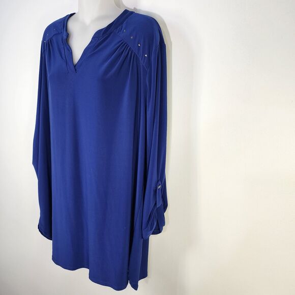 Denim & Co Tunic Top Womens 1X Blue Split V Neck 3/4 Tab Sleeve Studded Detail - Picture 6 of 11